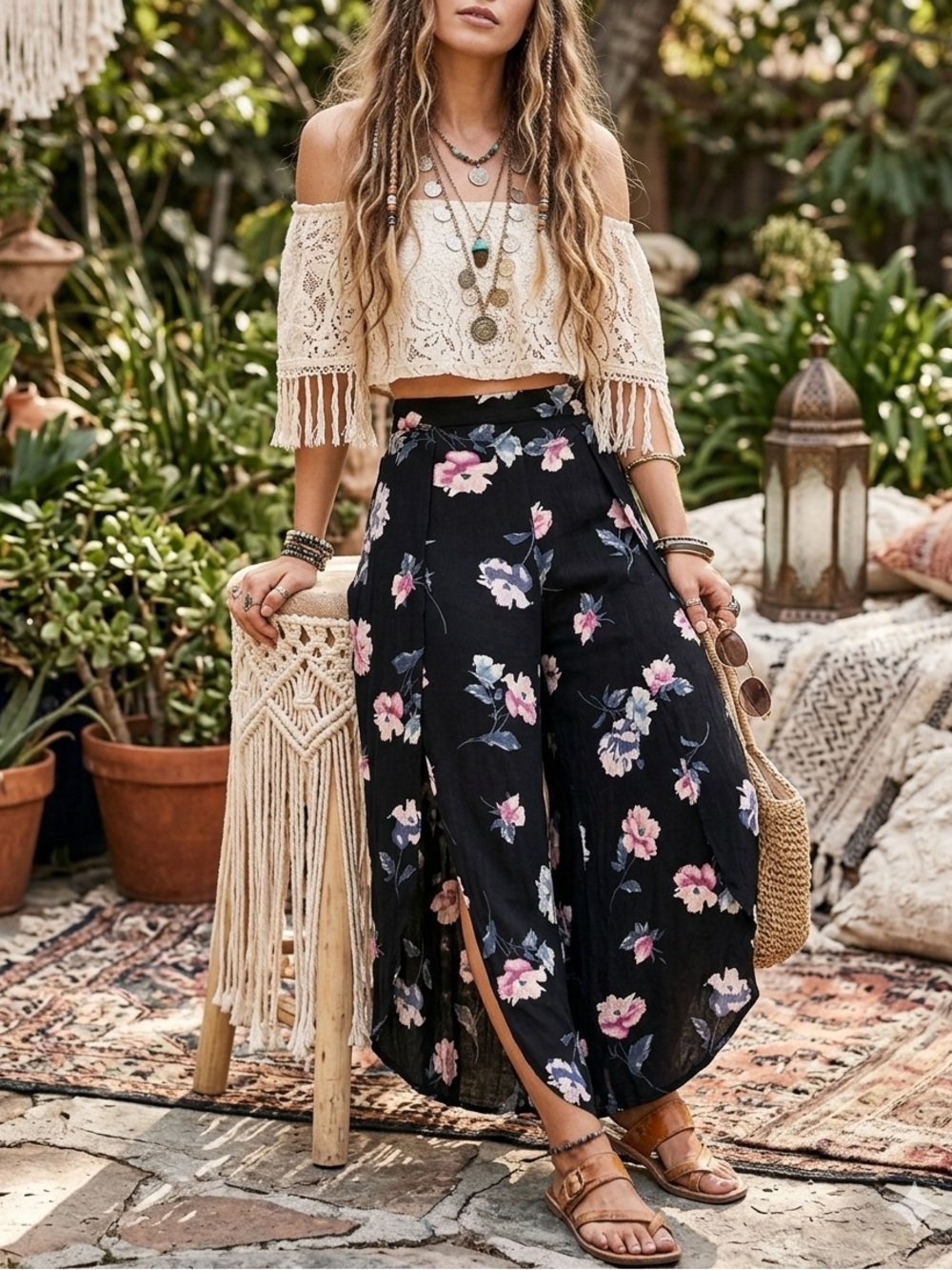 American Rag Boho Black Floral Wide-Leg Pants S Side Wrap Slit Tie Belt
